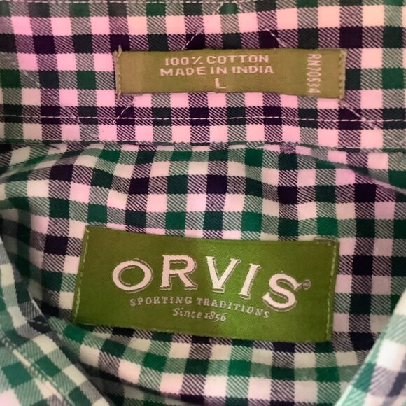 Orvis Green/Black/White Check Long Sleeve Button Shirt Cotton - Picture 5 of 5